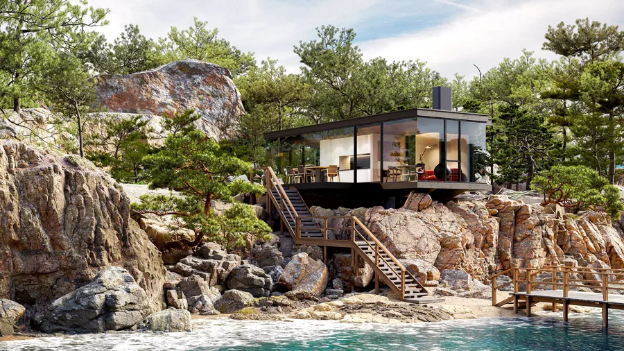 Rendering of a Signature perched on rocks above the sea with steps down to a jetty
