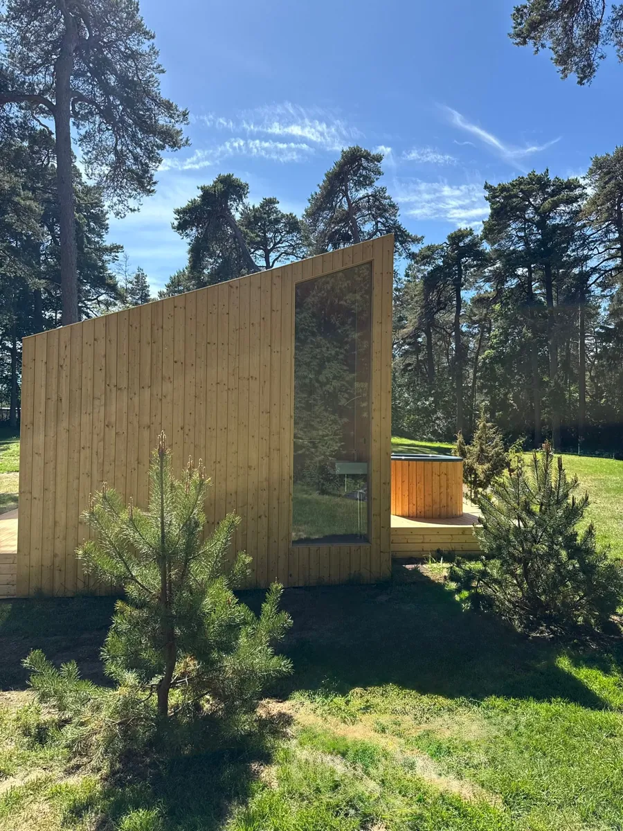 Zen's timber wall and terrace among pines