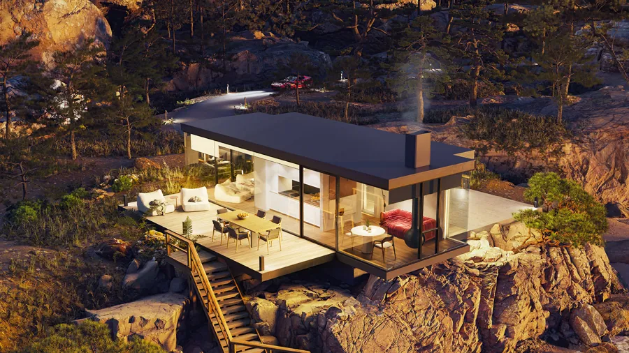 Rendering of a lit Signature on a rocky coast at dusk