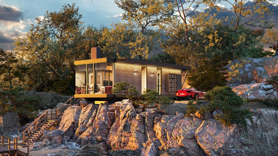 Rendering of a Signature on a rocky coast at sunset with a car parked beside it