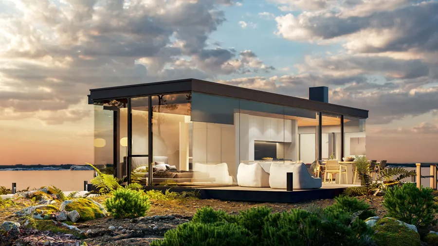 Rendering of a Signature on open ground by the sea under a dramatic sunset sky