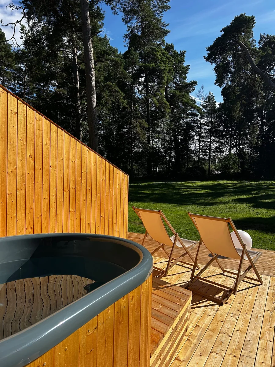 Private Zen hot tub and loungers on the timber terrace