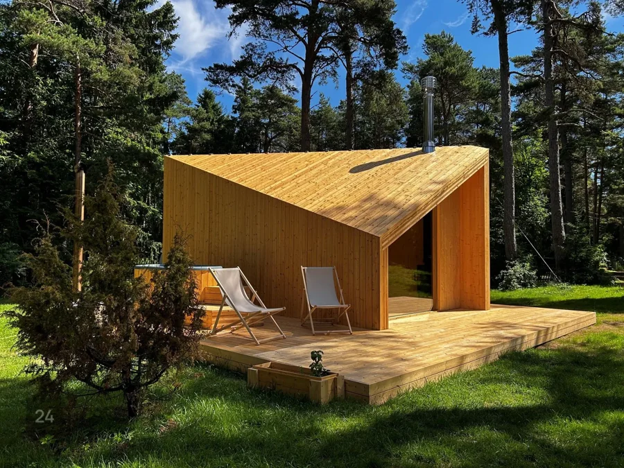 Etnika Zen timber cabin and terrace in a private pine forest clearing